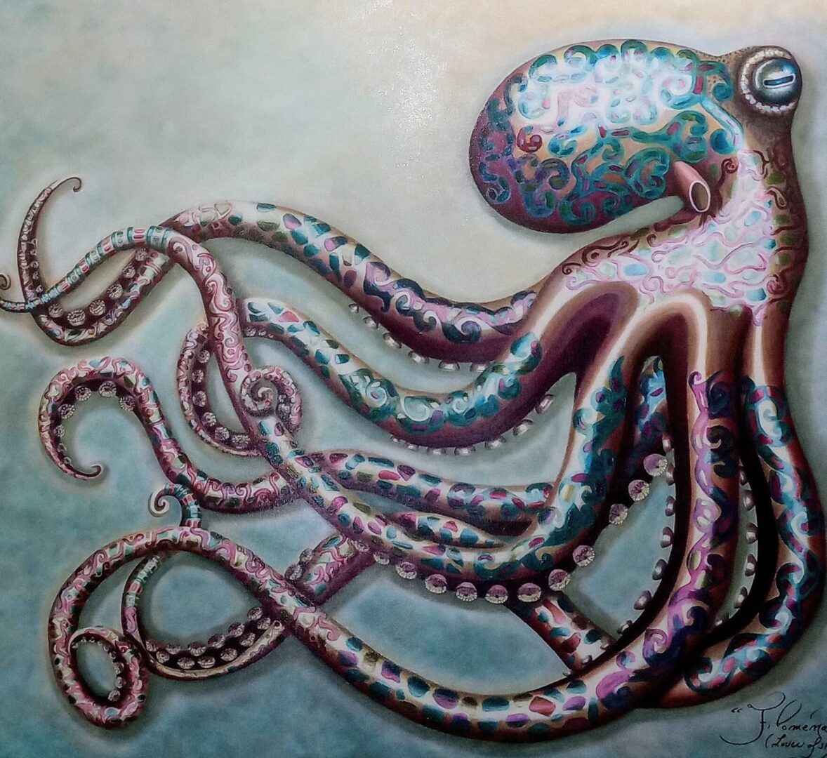 A painting of an octopus with tentacles and colors.